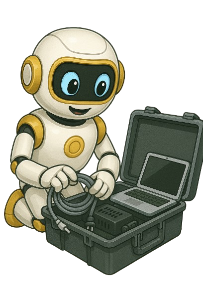 Ajtík, maskot spoločnosti ICT-Express, ktorý balí veci po inštalácii